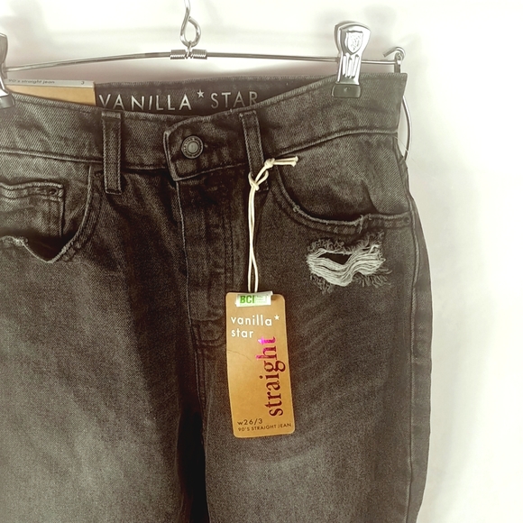 Vanilla Star 90s Straight Jean Women 3/26 Black Distressed Button Fly - Picture 3 of 8
